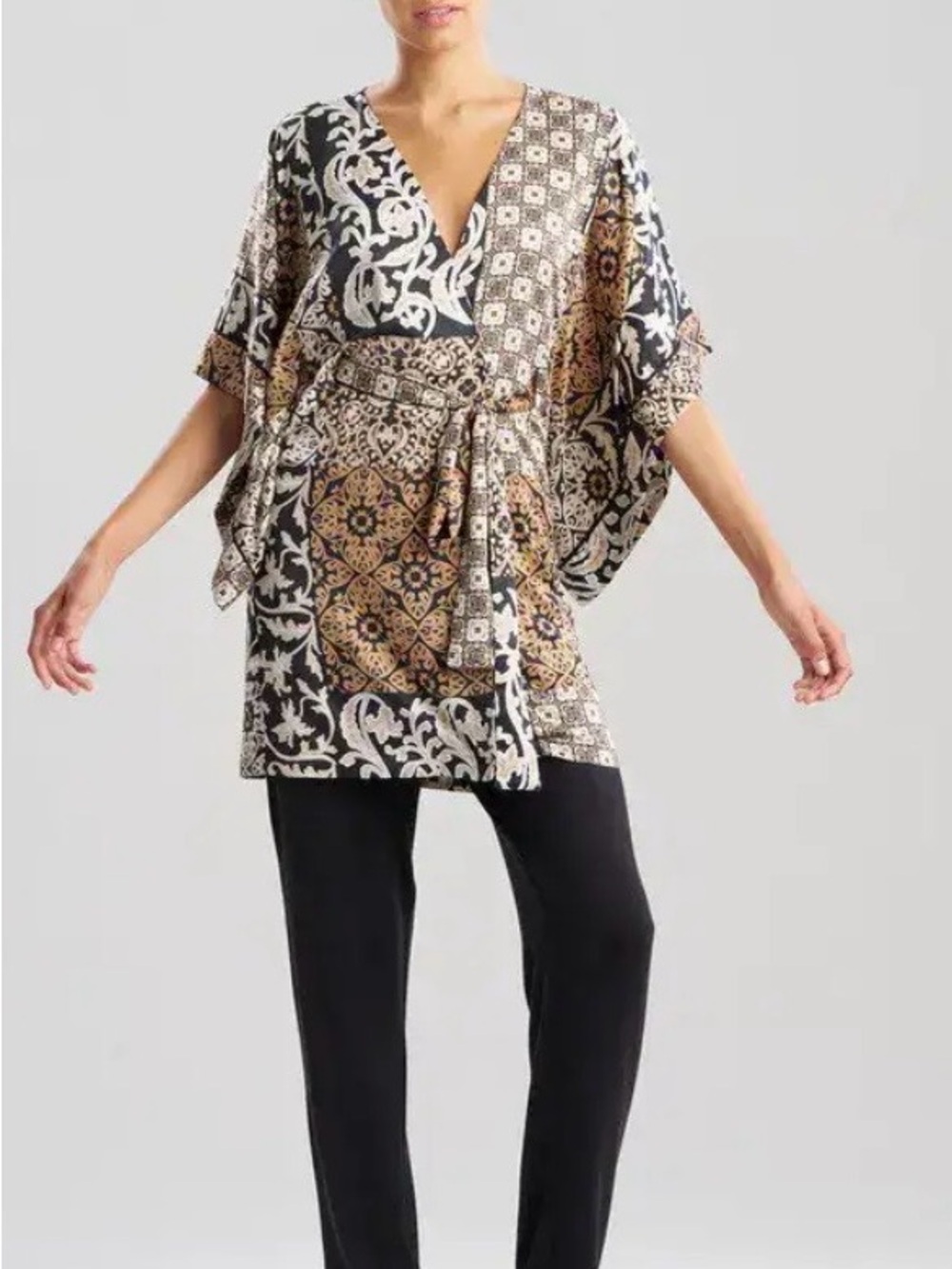 Natori Floral Kimono Robe Womens Black Cream Short XS Satin Abstract New NWT